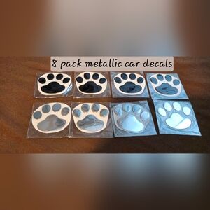 8 Pack Metallic Shiny Vinyl Black & Silver Paw Print Car Decals